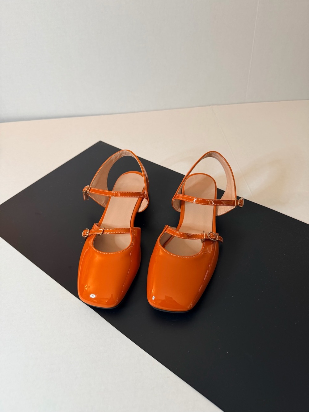 Orange Patent Leather Mary Jane Slingback Block Flat Heel Size 37